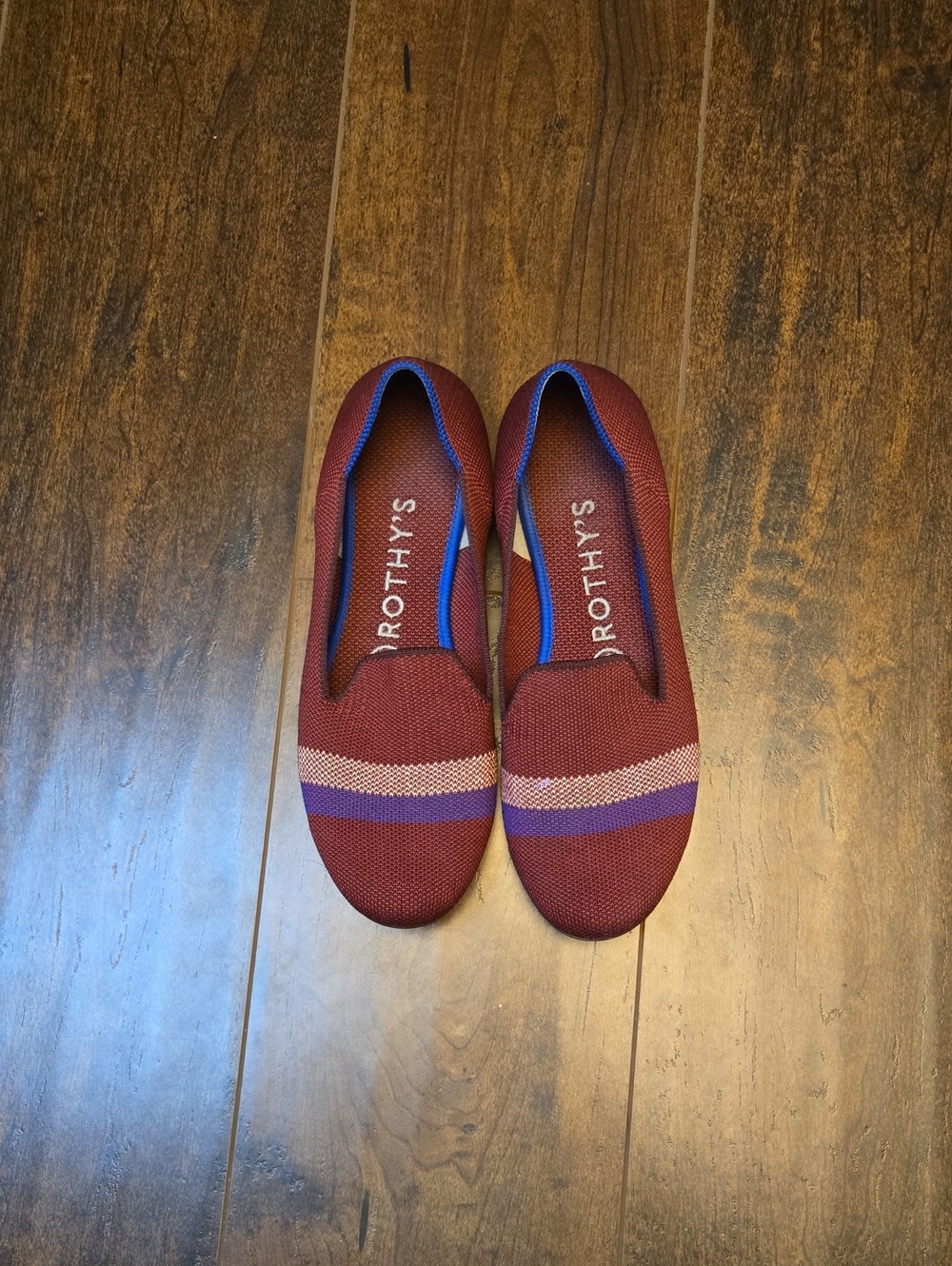 Rothy's Burgundy Knit Slip-Ons with Blue and White Stripes